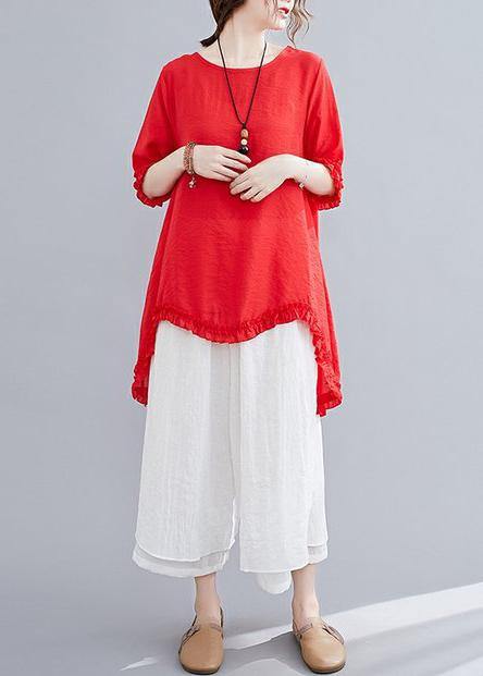 Cotton linen red two-piece fungus stitching round neck T-shirt split seven-point wide-leg pants fashion suit