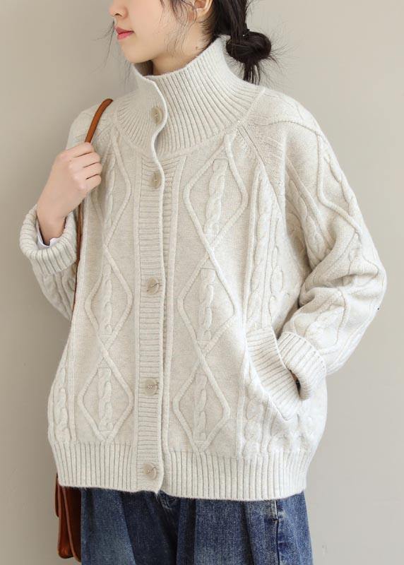 Cozy Beige Sweaters Stand Collar Pockets Trendy Plus Size Spring Knit Sweat Tops