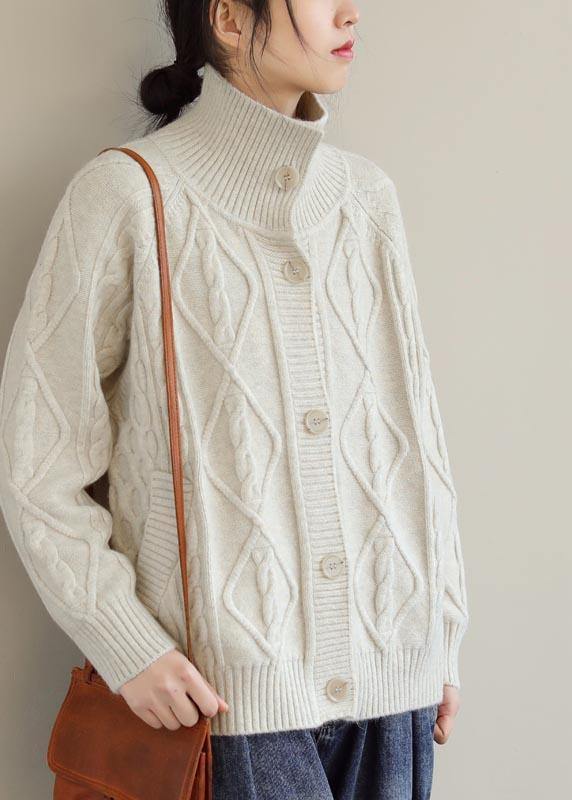 Cozy Beige Sweaters Stand Collar Pockets Trendy Plus Size Spring Knit Sweat Tops