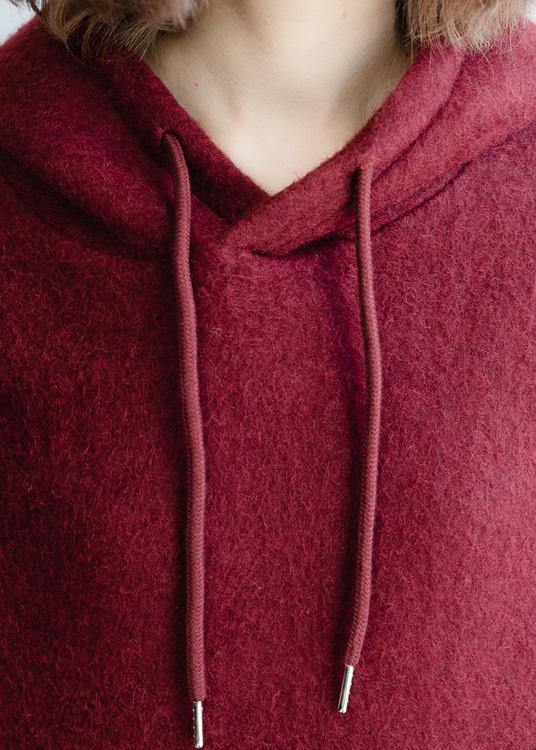 Cozy burgundy knit blouse wild plus size clothing hooded knitted blouse