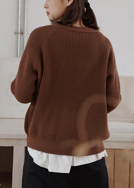 Cozy chocolate casual winter knit sweat tops v neck