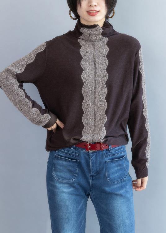 Cozy chocolate knitted t shirt high neck trendy plus size knit sweat tops