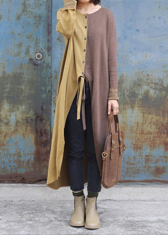 Cozy khaki patchwork yellow fall fashion o neck asymmetric hem knit outwear