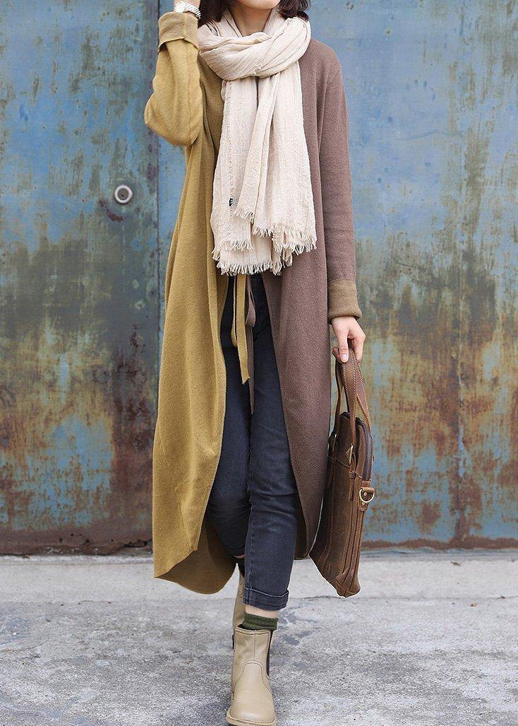 Cozy khaki patchwork yellow fall fashion o neck asymmetric hem knit outwear