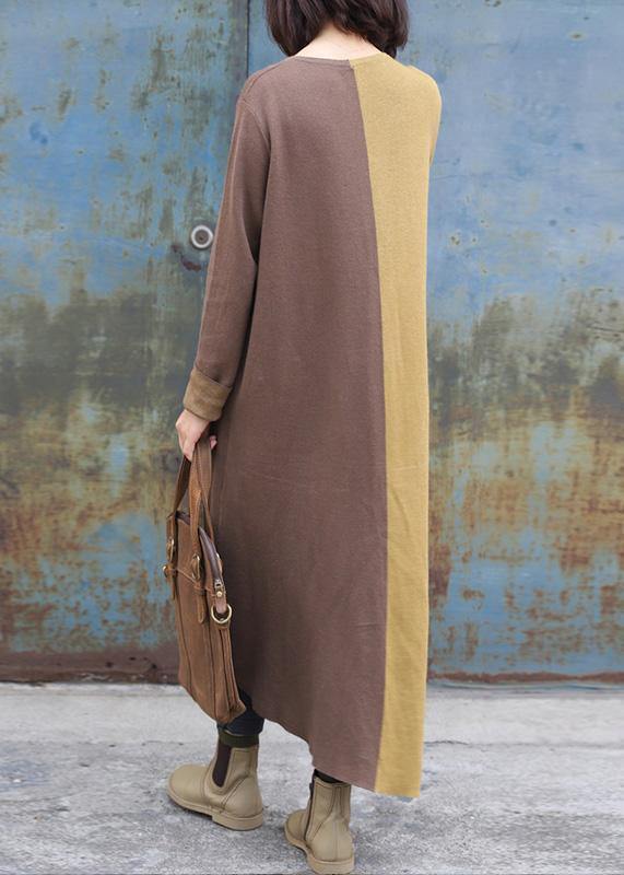 Cozy khaki patchwork yellow fall fashion o neck asymmetric hem knit outwear