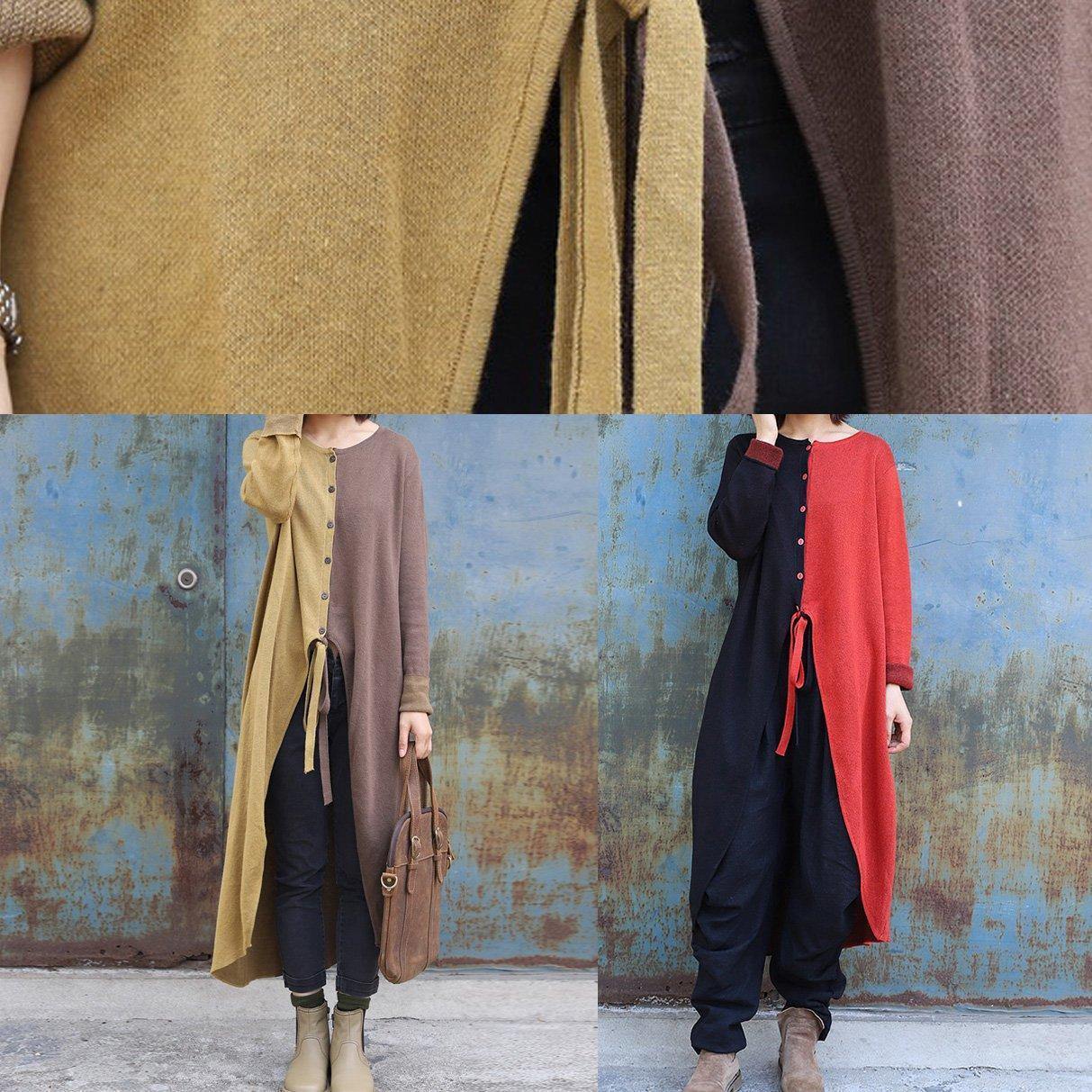 Cozy khaki patchwork yellow fall fashion o neck asymmetric hem knit outwear