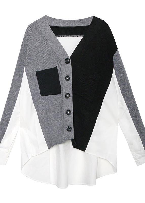 Cozy knitwear plus size black v neck patchwork knitted jackets