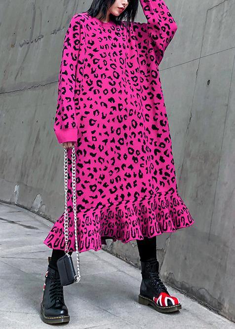 Cozy rose Leopard Sweater weather Vintage stand collar Hole Tejidos sweater dress