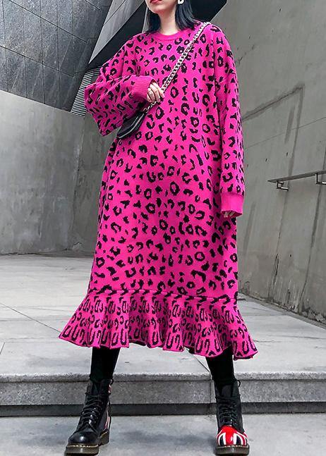 Cozy rose Leopard Sweater weather Vintage stand collar Hole Tejidos sweater dress