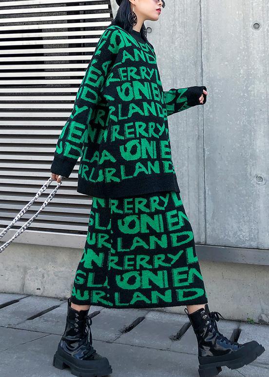 Cozy winter green prints knit sweat tops and elastic waist skirt casual two pieces