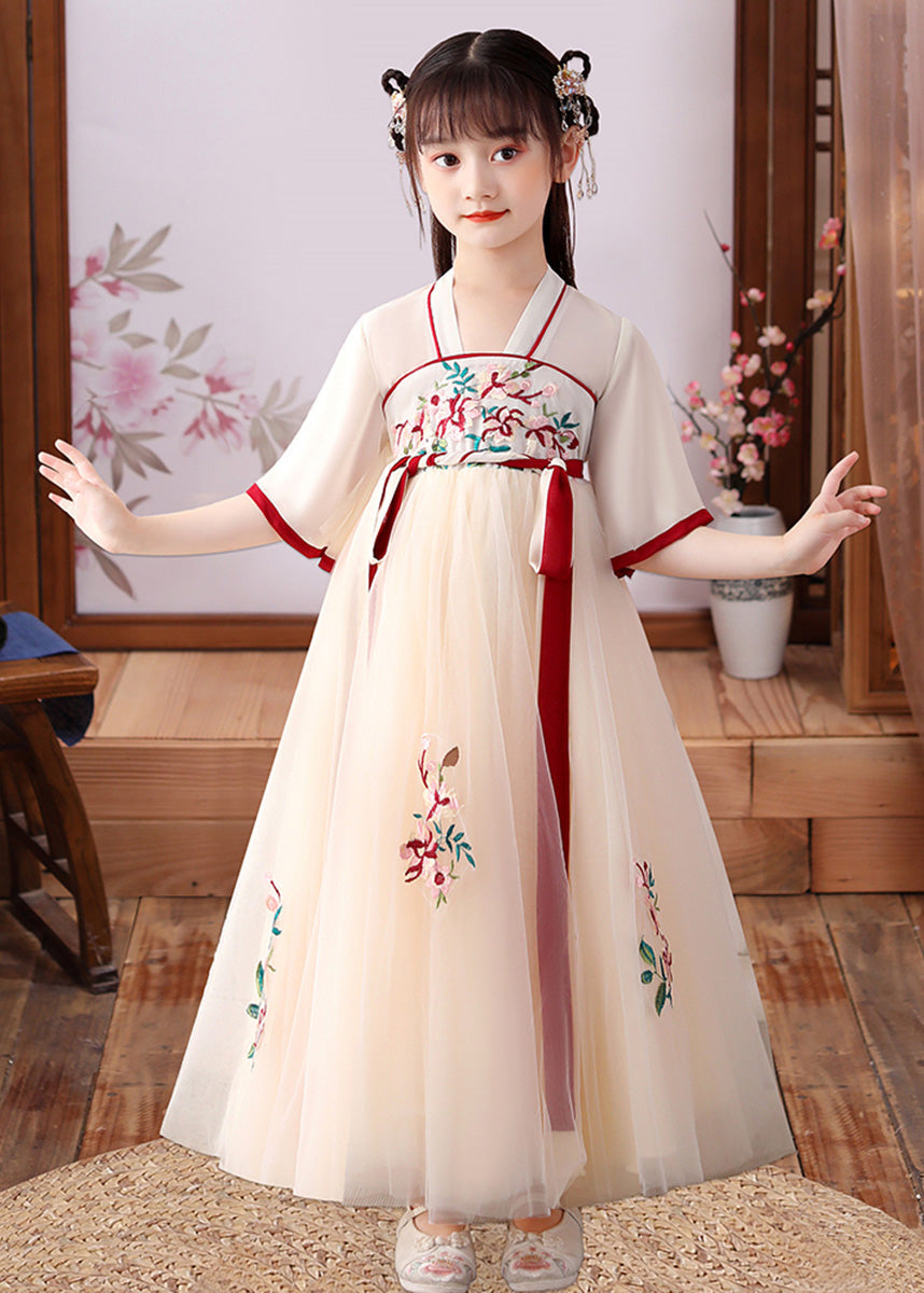 Cute Apricot Embroideried Patchwork Tulle Kids Long Dress Short Sleeve