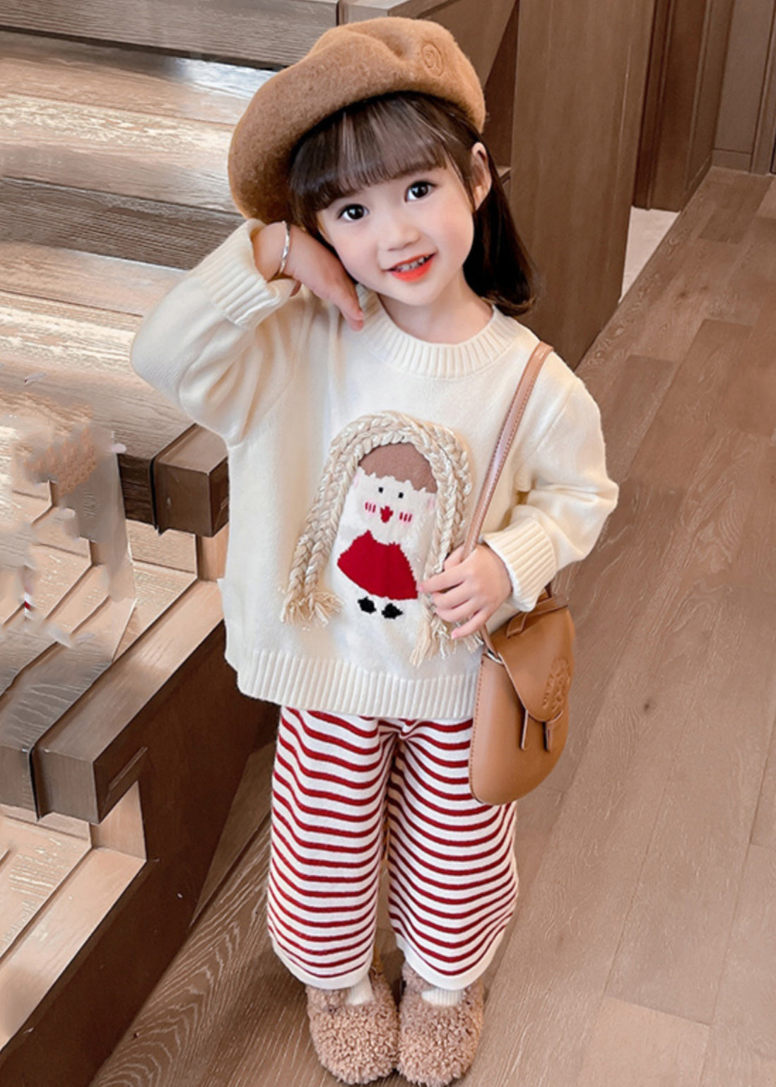 Cute Beige O-Neck Cotton Knit Girls Sweaters And Crop Pants Two Pieces Set Spring