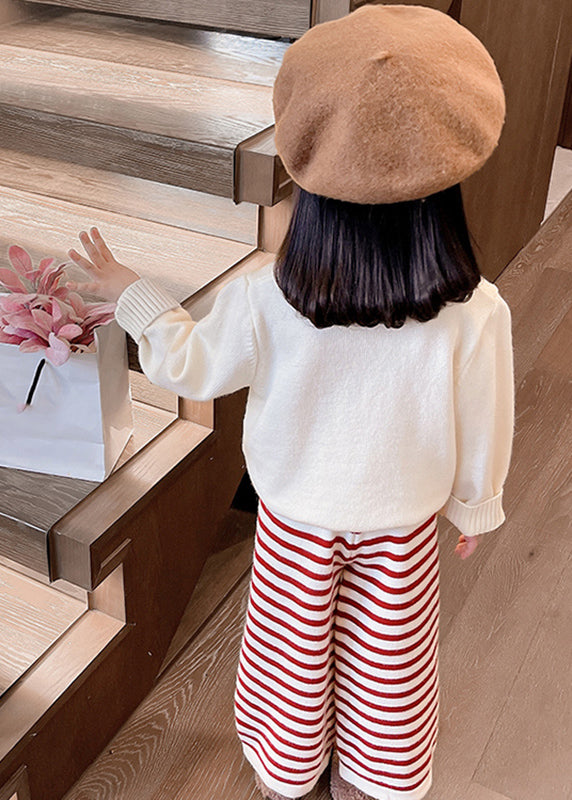 Cute Beige O-Neck Cotton Knit Girls Sweaters And Crop Pants Two Pieces Set Spring