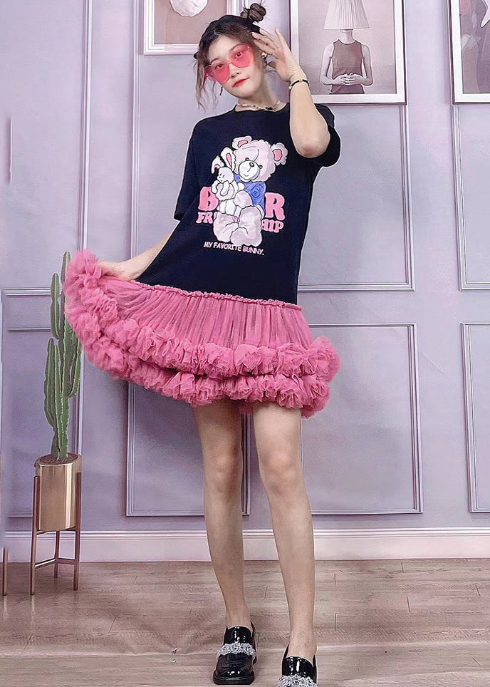 Cute Black O-Neck Bear Applique Tulle Patchwork Cotton Pleated Dress Short Sleeve