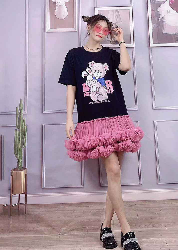 Cute Black O-Neck Bear Applique Tulle Patchwork Cotton Pleated Dress Short Sleeve