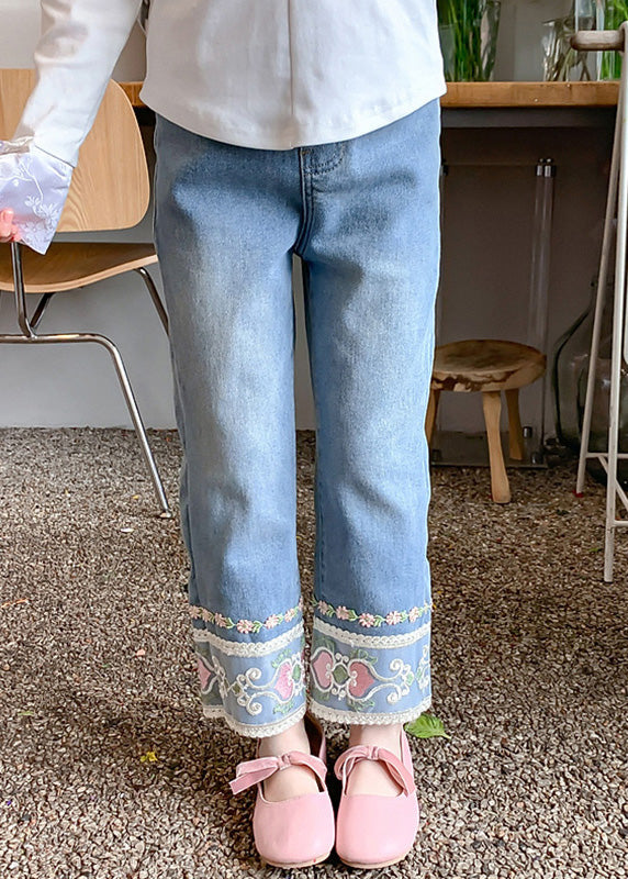 Cute Denim Blue Floral Pockets Kids Straight Pants Spring