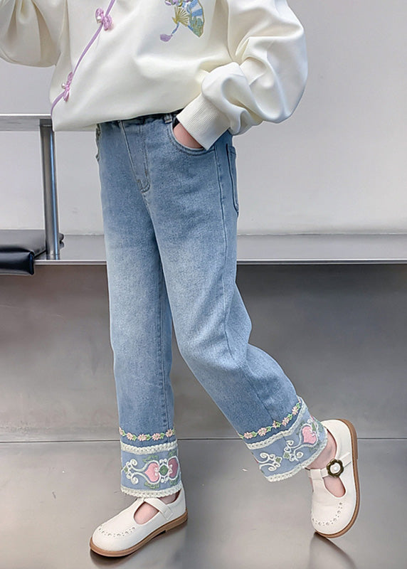 Cute Denim Blue Floral Pockets Kids Straight Pants Spring