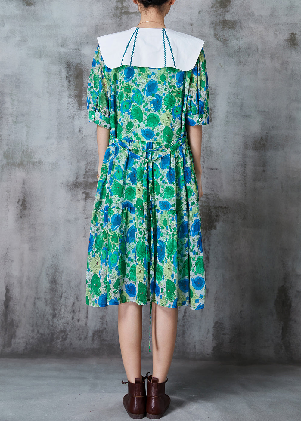 Cute Green Peter Pan Collar Print Chiffon A Line Dress Summer