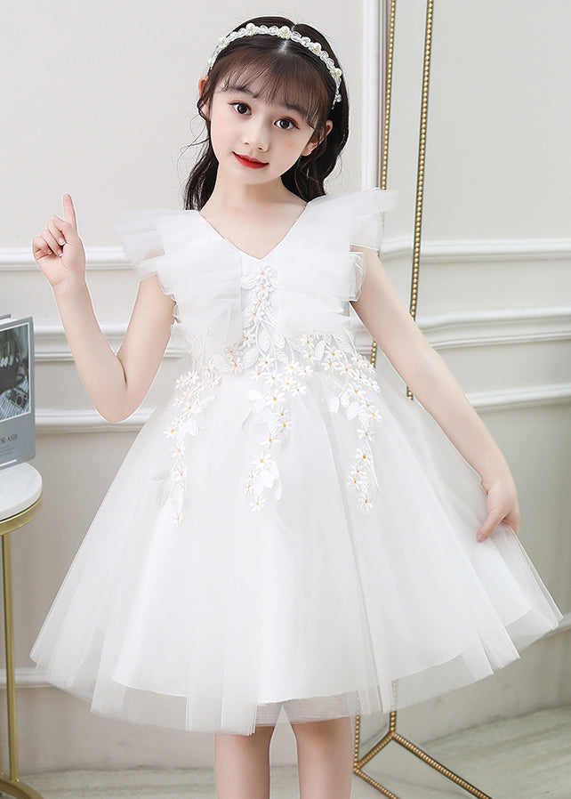 Cute Green Ruffled Embroideried Daisy Tulle Kids Girls Long Dresses Summer