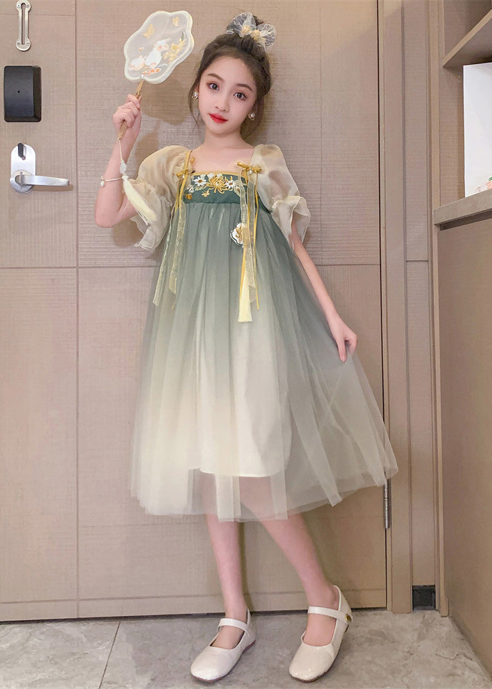 Cute Grey Green Square Collar Embroideried Patchwork Wrinkled Tassel Tulle Kids Girls Maxi Dresses Short Sleeve