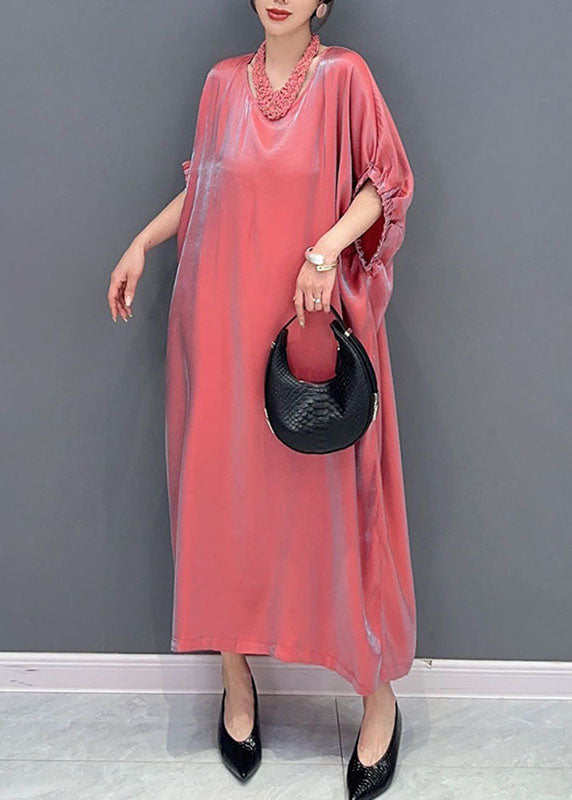 Cute Pink O-Neck Solid Silk Long Dress Short Sleeve