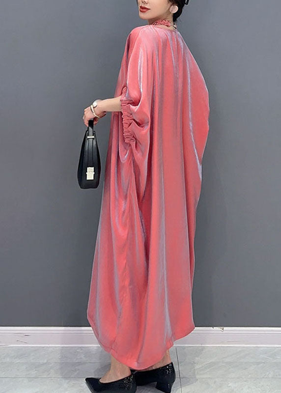 Cute Pink O-Neck Solid Silk Long Dress Short Sleeve