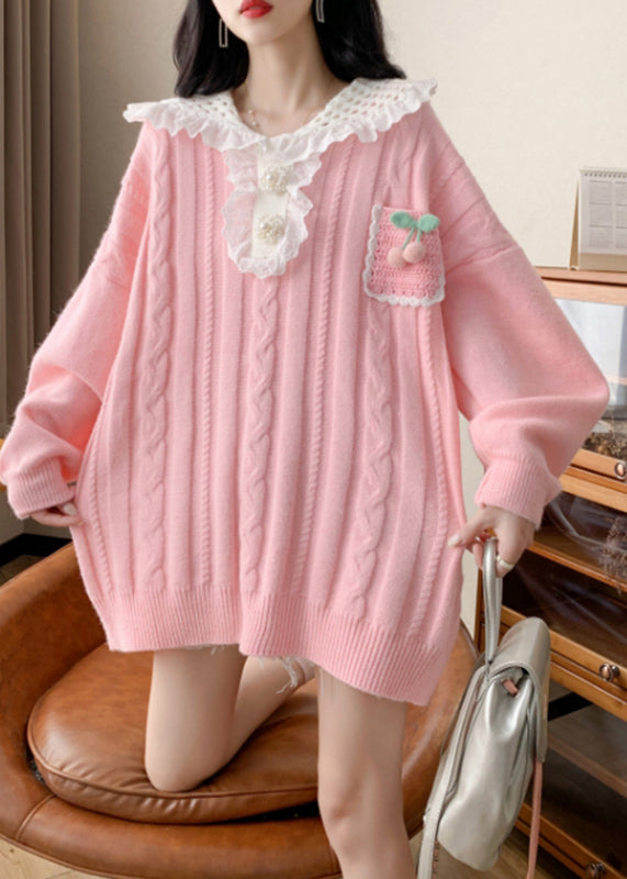 Cute Pink Peter Pan Collar Cotton Knit Sweater Spring