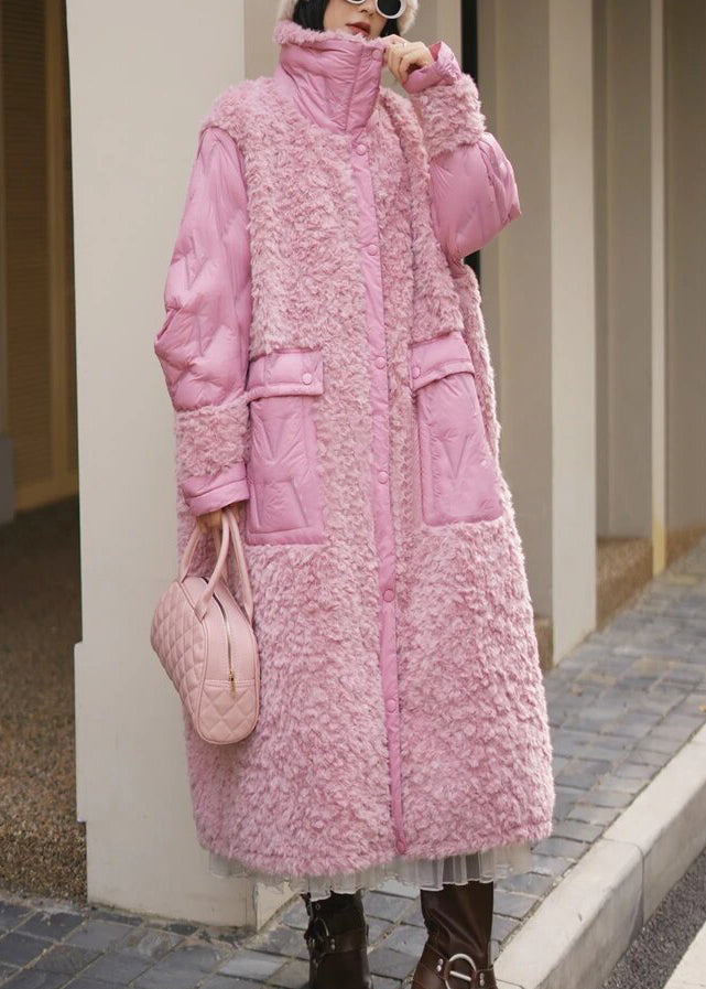 Cute Pink Pockets Teddy Patchwork Long Parka Spring