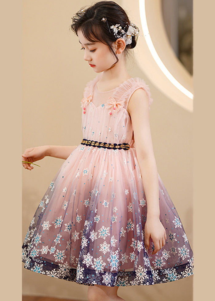 Cute Pink Print Gradient Color Exra Large Hem Tulle Kids Girls Robe Dresses Summer