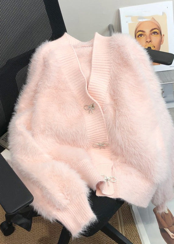 Cute Pink V Neck Button Mink Hair Knitted Cardigan Winter