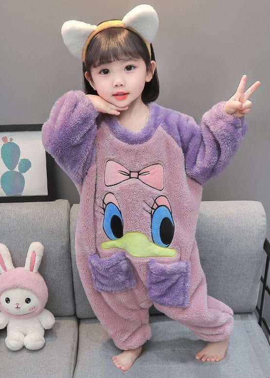 Cute Purple Print Pockets Fluffy Kids Pajamas Jumpsuit Long Sleeve