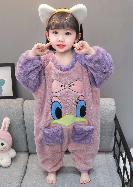 Cute Purple Print Pockets Fluffy Kids Pajamas Jumpsuit Long Sleeve