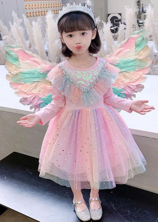 Cute Rainbow Ruffled Sequins Patchwork Tulle Baby Girls Party Dress Long Sleeve