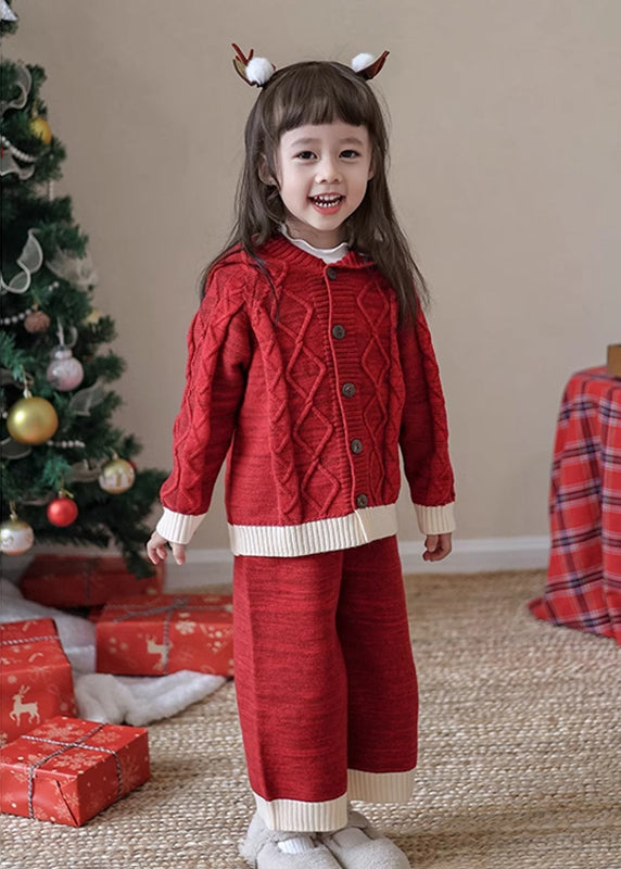 Cute Red Patchwork Cotton Knit Kids Cardigans And Crop Pants Two Piece Set Spring