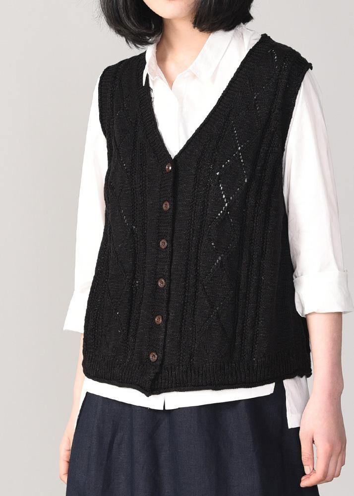 Cute back open knit cardigans oversized sleeveless v neck knit outwear black