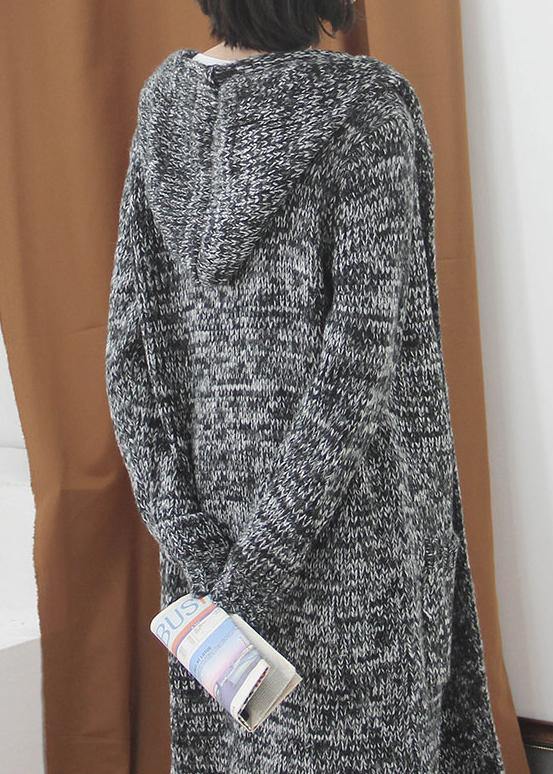 Cute fall knitted coat casual gray hooded pockets sweater coat