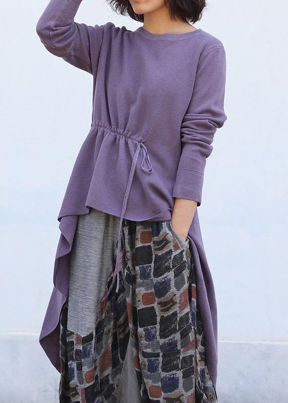 Cute purple clothes trendy plus size o neck knitted blouse drawstring asymmetric