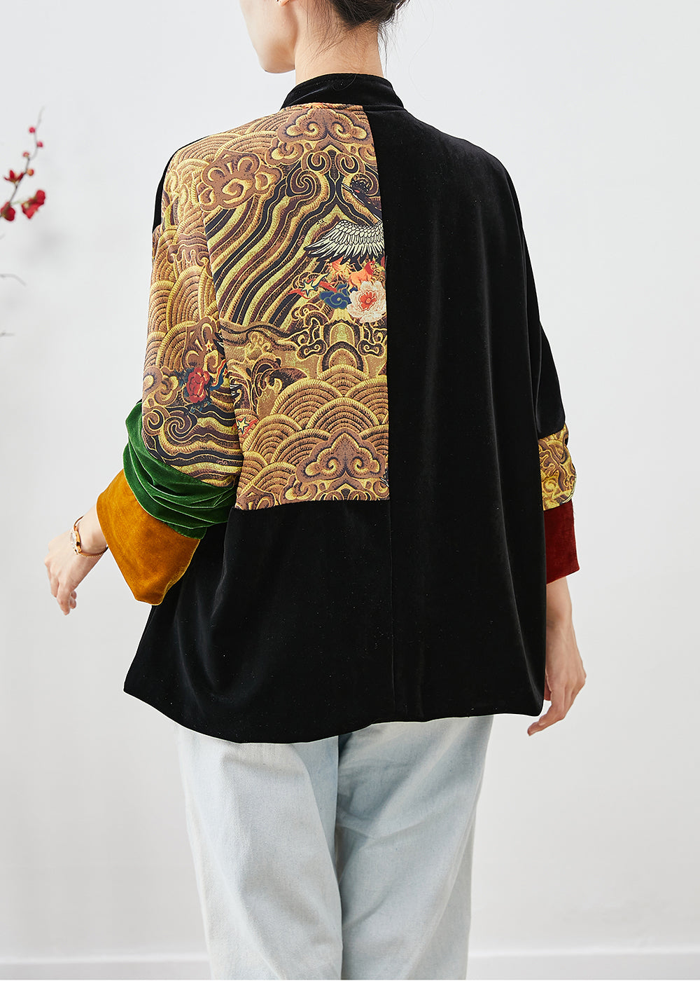 DIY Black Oversized Patchwork Chinese Button Silk Velour Coat Fall