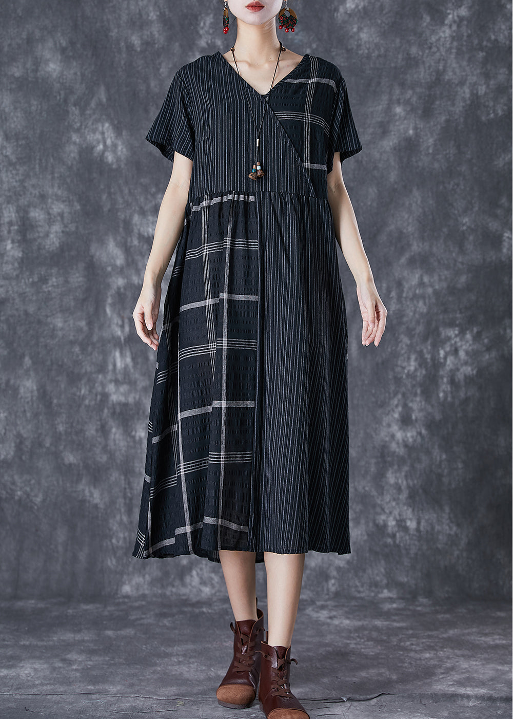 DIY Black Oversized Patchwork Linen Long Dress Summer