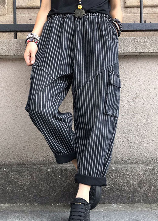 DIY Black high waist Striped denim harem pants Spring