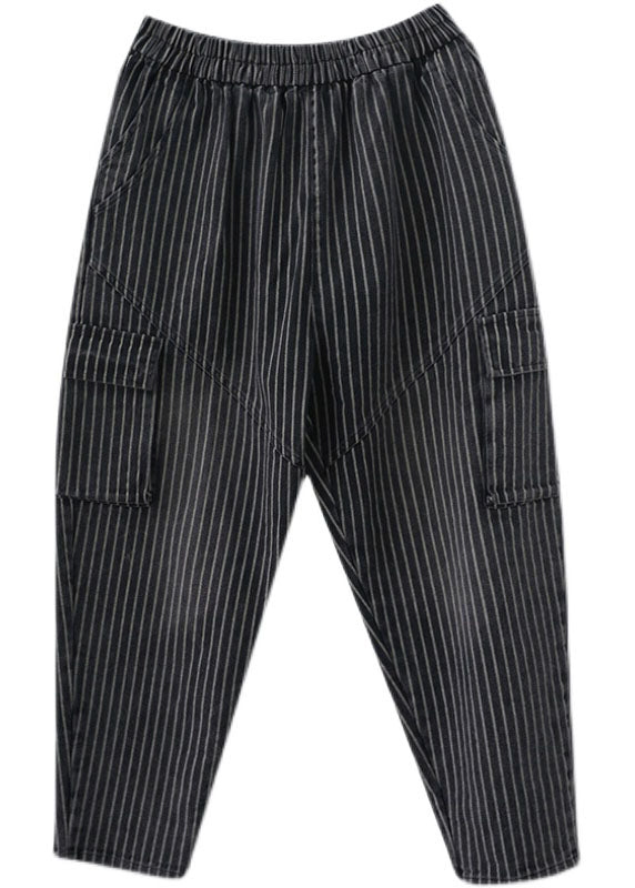 DIY Black high waist Striped denim harem pants Spring