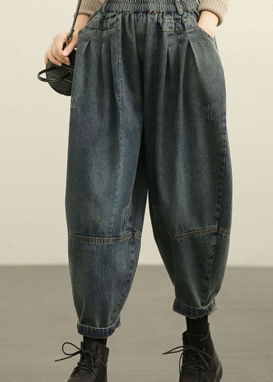 DIY Blue High Waist Pockets wrinkled Harem Fall Denim Pants