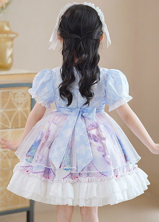 DIY Blue O-Neck Print Patchwork Bow Tulle Girls Mid Dress Puff Sleeve