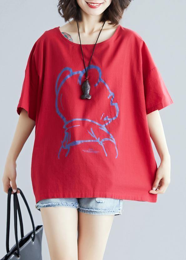 DIY Cartoon print cotton linen tops women Outfits red o neck blouses summer