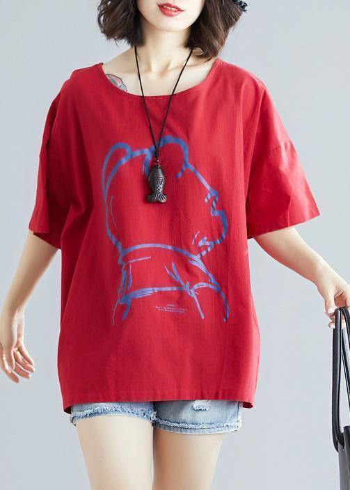 DIY Cartoon print cotton linen tops women Outfits red o neck blouses summer