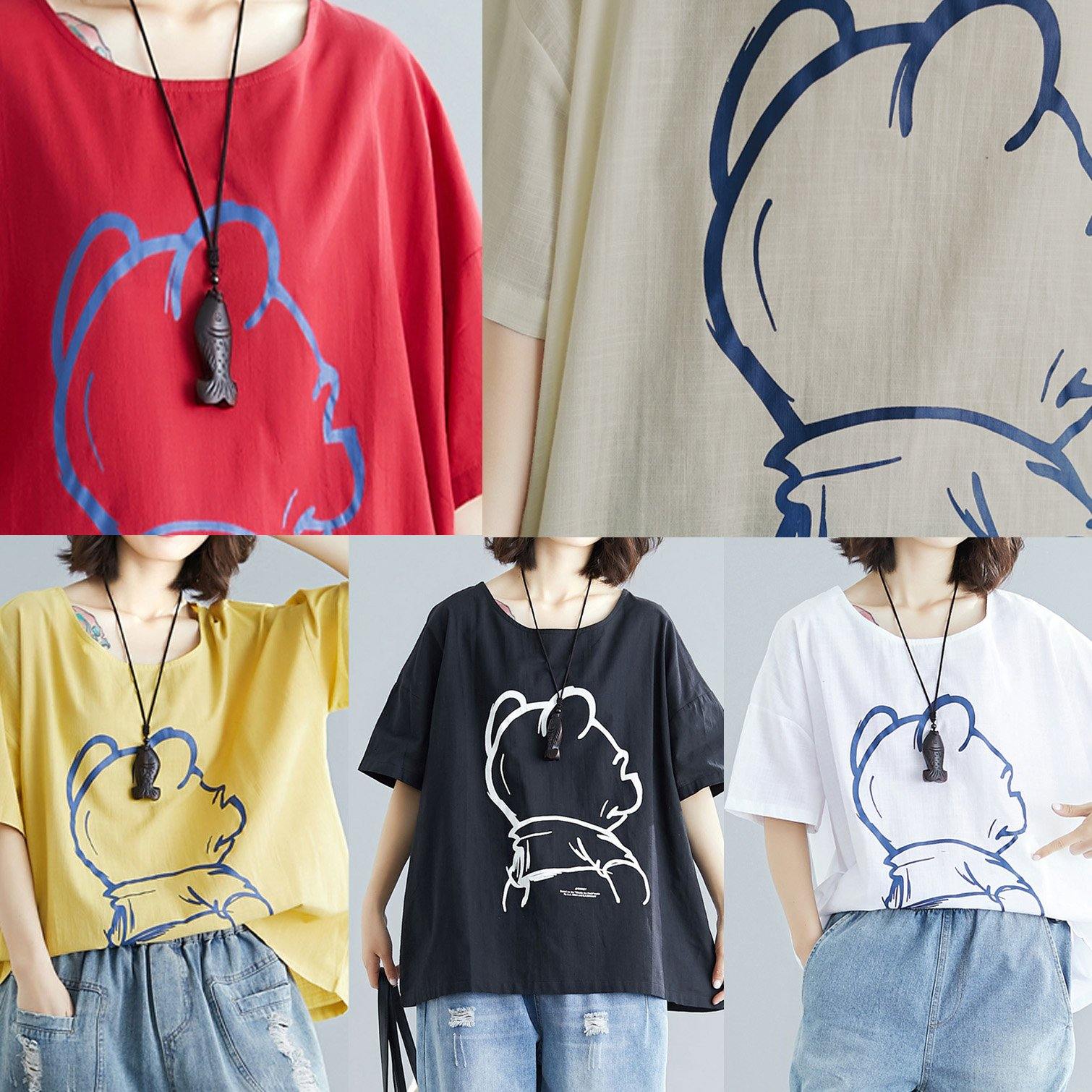 DIY Cartoon print cotton linen tops women Outfits red o neck blouses summer