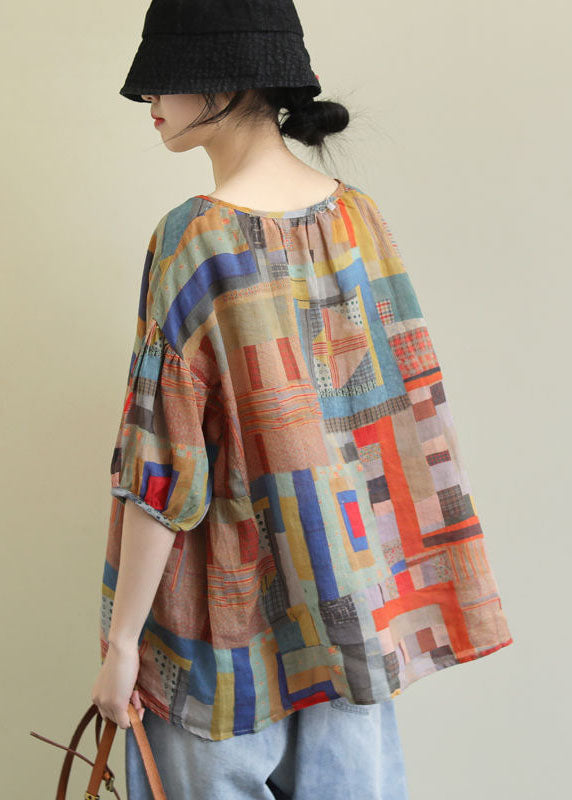 DIY Colorblock V Neck Geometric Print Linen Loose Tops Short Sleeve