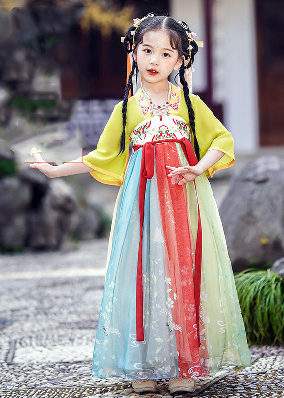 DIY Green Embroideried Patchwork Tie Waist Tulle Kids Long Dresses Short Sleeve