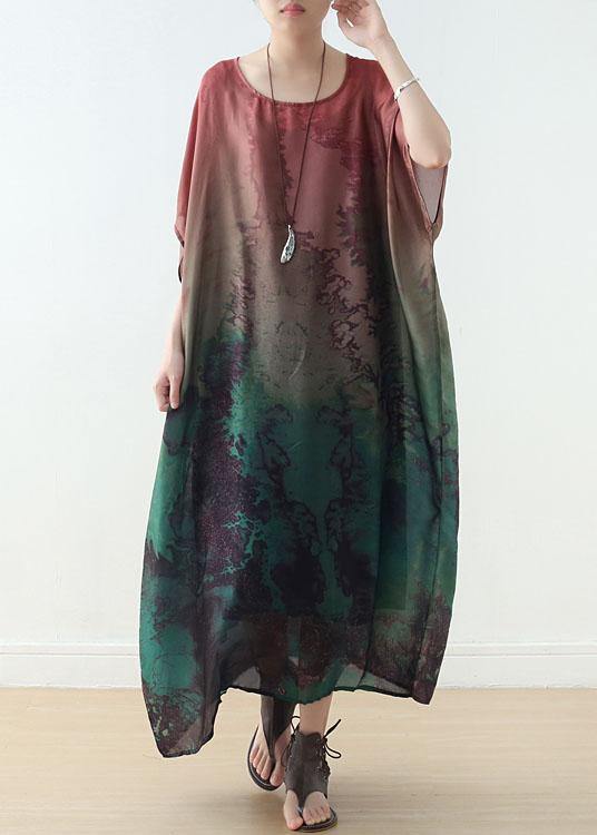 DIY Green Print Chiffon Batwing Sleeve Summer Long Dresses