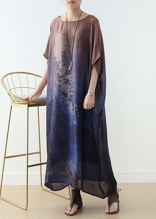 DIY Green Print Chiffon Batwing Sleeve Summer Long Dresses